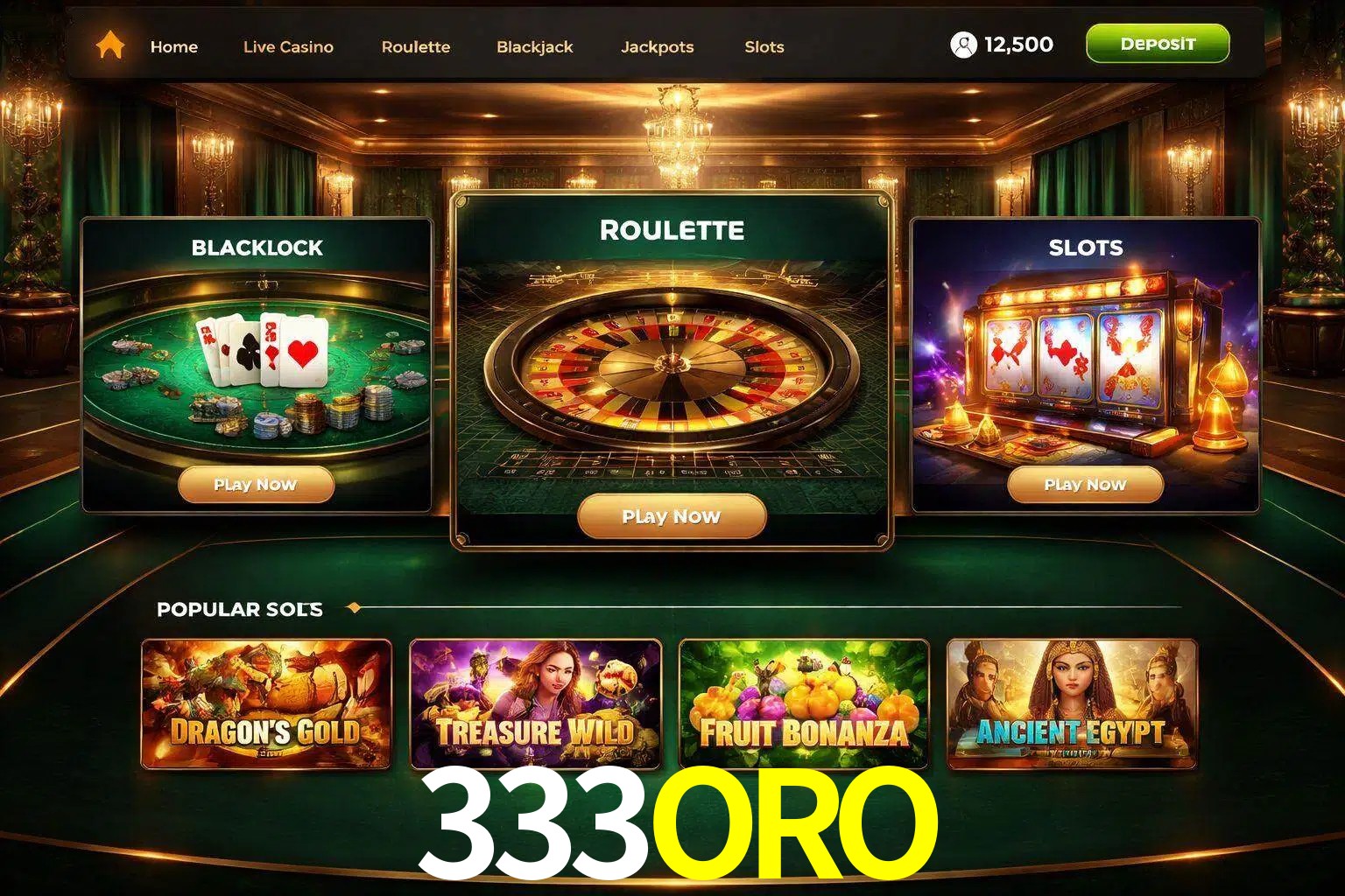 Vista de la plataforma 333ORO Casino mostrando categorías organizadas de juegos en línea