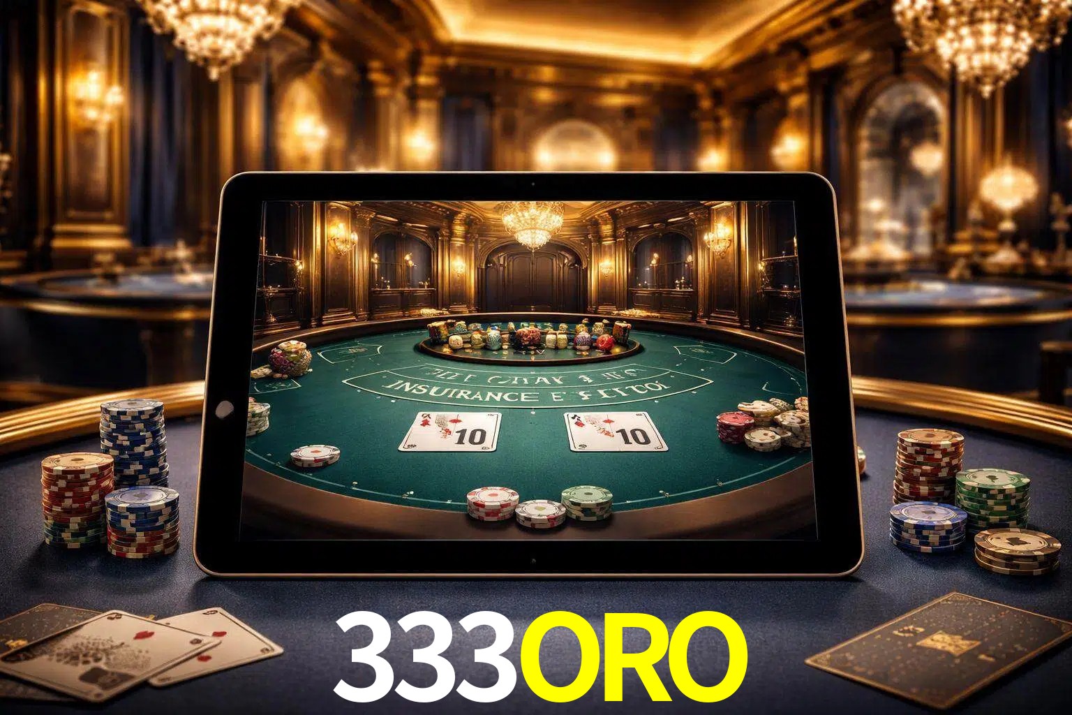 Configuración moderna de casino en vivo con una tableta mostrando una mesa de blackjack, luces cálidas de estudio y una atmósfera elegante de juegos digitales.