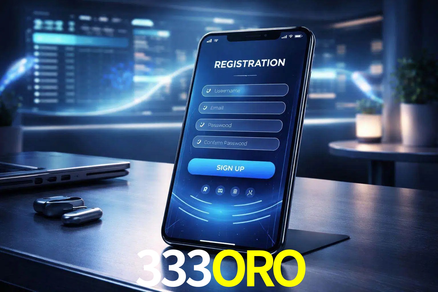 Una interfaz moderna de registro móvil para 333ORO mostrada en un smartphone con un panel de apuestas elegante.